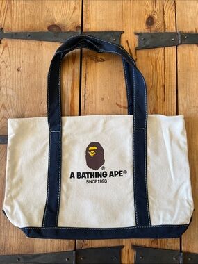A Bathing Ape Cream Canvas Tote with Navy Trim